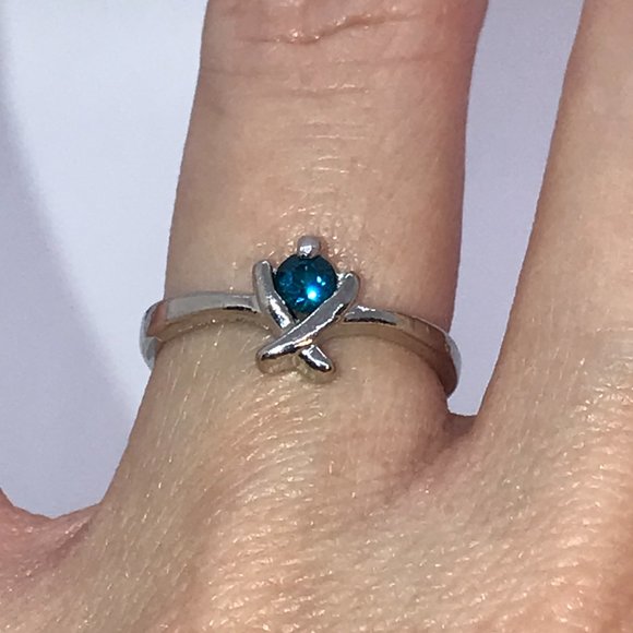 Silver Aqua Blue X Ring, Size 5 1/2 - Picture 8 of 9
